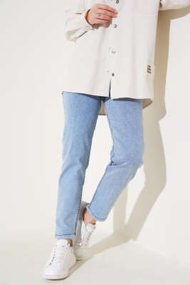 Pazarium - 	 Dar Paça Bel Lastikli Kot Pantolon Açık Mavi