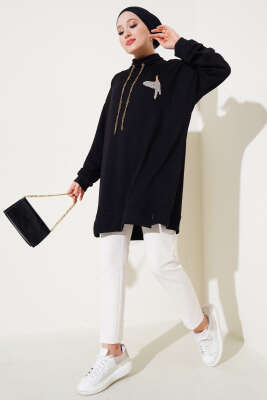 Zincir Bağcıklı Kuş Detaylı Tunik Siyah - Thumbnail