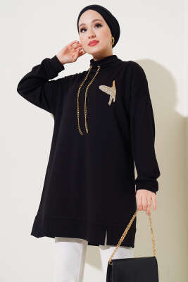 Zincir Bağcıklı Kuş Detaylı Tunik Siyah - Thumbnail