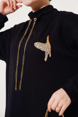 Zincir Bağcıklı Kuş Detaylı Tunik Siyah - Thumbnail