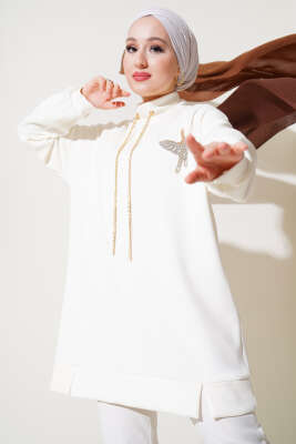 Zincir Bağcıklı Kuş Detaylı Tunik Ekru - Thumbnail