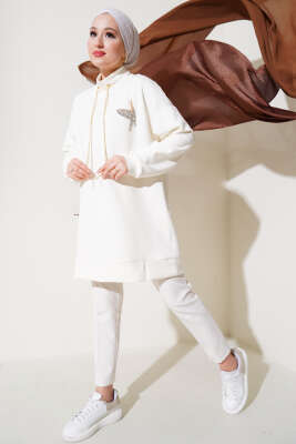 Zincir Bağcıklı Kuş Detaylı Tunik Ekru - Thumbnail