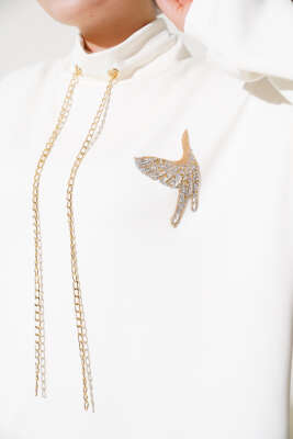 Zincir Bağcıklı Kuş Detaylı Tunik Ekru - Thumbnail