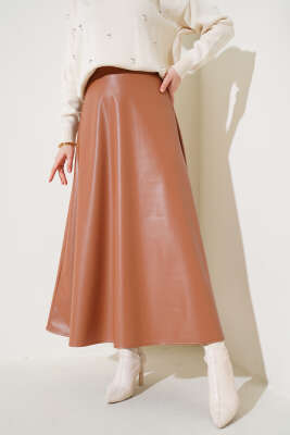 Pazarium - Bel Lastikli Kloş Deri Etek Taba