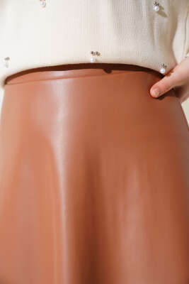 Bel Lastikli Kloş Deri Etek Taba - Thumbnail