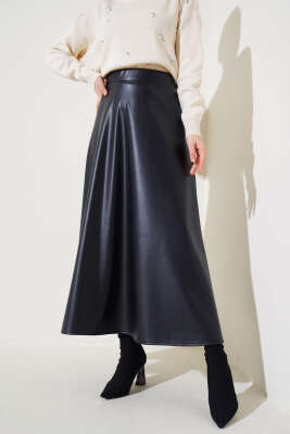 Bel Lastikli Kloş Deri Etek Siyah - Thumbnail