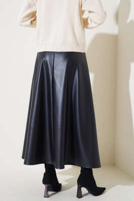 Bel Lastikli Kloş Deri Etek Siyah - Thumbnail