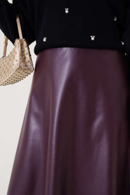 Bel Lastikli Kloş Deri Etek Mürdüm - Thumbnail