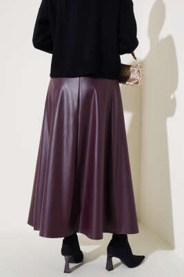 Bel Lastikli Kloş Deri Etek Mürdüm - Thumbnail