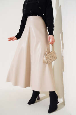 Bel Lastikli Kloş Deri Etek Bej - Thumbnail