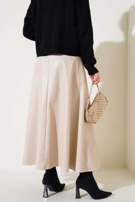 Bel Lastikli Kloş Deri Etek Bej - Thumbnail