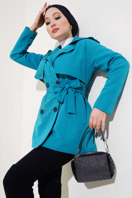 Pazarium - Kruvaze Yaka Kısa Trençkot Pastel Yeşili