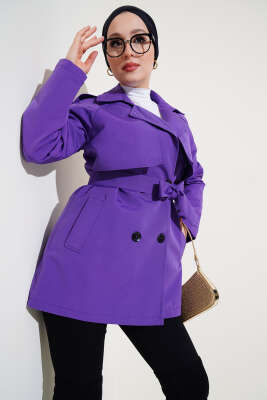 Pazarium - Kruvaze Yaka Kısa Trençkot Mor