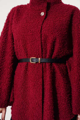 Dik Yaka Kemerli Buklet Panço Bordo - Thumbnail