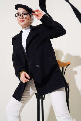 Omuz Apoletli Kısa Kaşe Kaban Siyah - Thumbnail