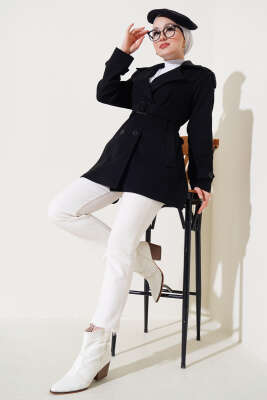 Omuz Apoletli Kısa Kaşe Kaban Siyah - Thumbnail