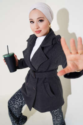 Omuz Apoletli Kısa Kaşe Kaban Füme - Thumbnail