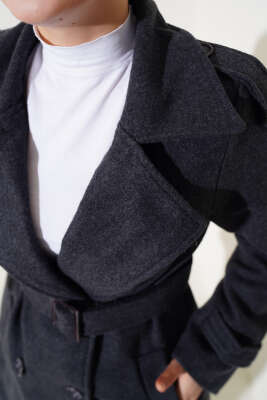 Omuz Apoletli Kısa Kaşe Kaban Füme - Thumbnail