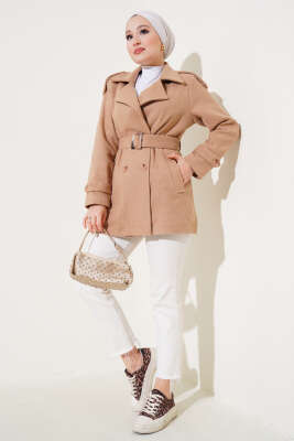 Omuz Apoletli Kısa Kaşe Kaban Camel - Thumbnail