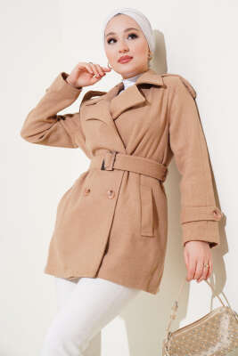 Pazarium - Omuz Apoletli Kısa Kaşe Kaban Camel