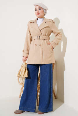 Omuz Apoletli Kısa Kaşe Kaban Bal Köpüğü - Thumbnail