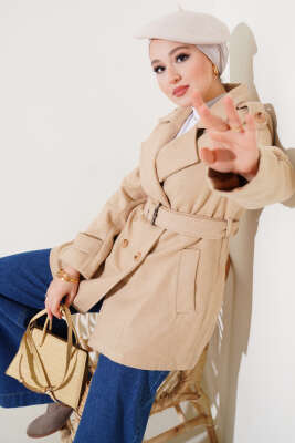 Omuz Apoletli Kısa Kaşe Kaban Bal Köpüğü - Thumbnail