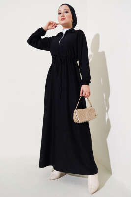 Gömlek Yaka Bel Tünelli Bürümcük Elbise Siyah - Thumbnail