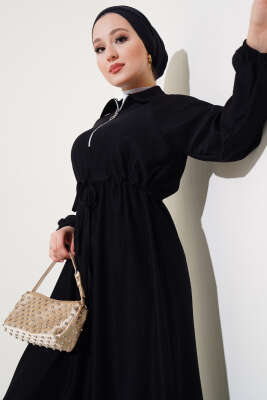 Gömlek Yaka Bel Tünelli Bürümcük Elbise Siyah - Thumbnail