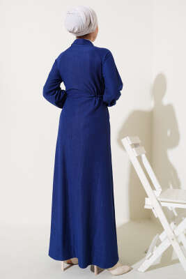 Gömlek Yaka Bel Tünelli Bürümcük Elbise Lacivert - Thumbnail