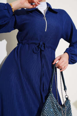 Gömlek Yaka Bel Tünelli Bürümcük Elbise Lacivert - Thumbnail