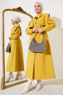 Pazarium - Cep Kapak Detaylı Pelerinli Trençkot Yağ Yeşili