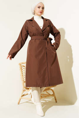 Kruvaze Yaka Bel Kuşaklı Trençkot Kahve - Thumbnail