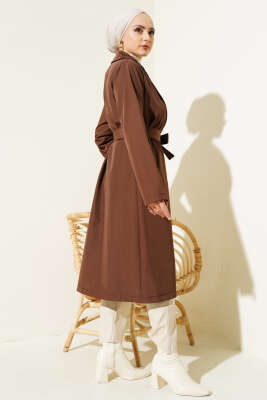 Kruvaze Yaka Bel Kuşaklı Trençkot Kahve - Thumbnail