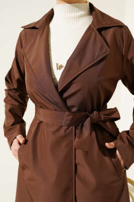 Kruvaze Yaka Bel Kuşaklı Trençkot Kahve - Thumbnail