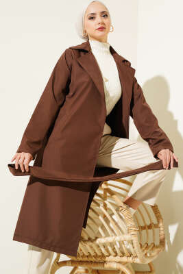 Kruvaze Yaka Bel Kuşaklı Trençkot Kahve - Thumbnail