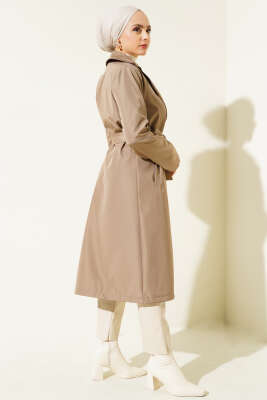 Kruvaze Yaka Bel Kuşaklı Trençkot Vizon - Thumbnail