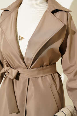 Kruvaze Yaka Bel Kuşaklı Trençkot Vizon - Thumbnail