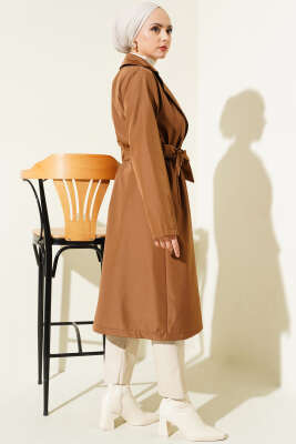 Kruvaze Yaka Bel Kuşaklı Trençkot Taba - Thumbnail