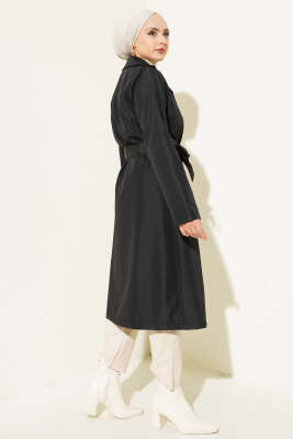 Kruvaze Yaka Bel Kuşaklı Trençkot Siyah - Thumbnail