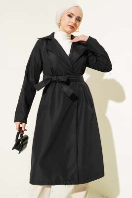 Kruvaze Yaka Bel Kuşaklı Trençkot Siyah - Thumbnail