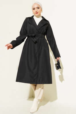 Kruvaze Yaka Bel Kuşaklı Trençkot Siyah - Thumbnail
