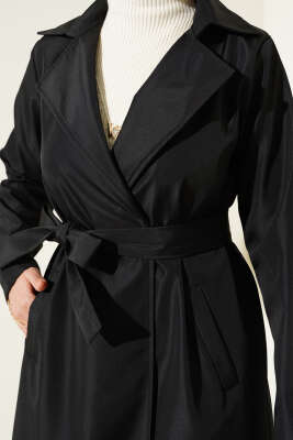 Kruvaze Yaka Bel Kuşaklı Trençkot Siyah - Thumbnail