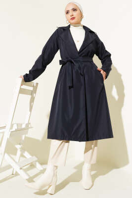 Kruvaze Yaka Bel Kuşaklı Trençkot Lacivert - Thumbnail