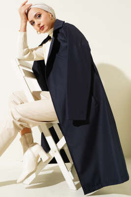 Kruvaze Yaka Bel Kuşaklı Trençkot Lacivert - Thumbnail