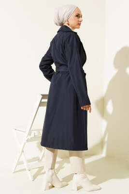 Kruvaze Yaka Bel Kuşaklı Trençkot Lacivert - Thumbnail