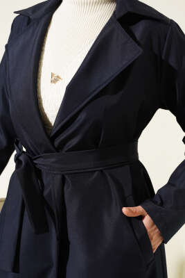 Kruvaze Yaka Bel Kuşaklı Trençkot Lacivert - Thumbnail