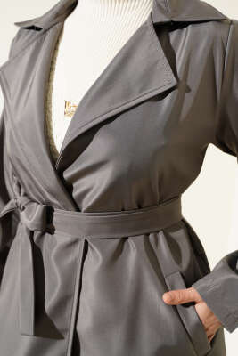 Kruvaze Yaka Bel Kuşaklı Trençkot Kayrak Grisi - Thumbnail