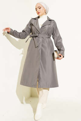 Kruvaze Yaka Bel Kuşaklı Trençkot Kayrak Grisi - Thumbnail