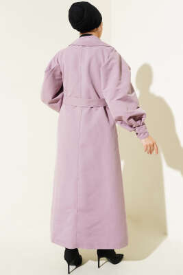 Kuşaklı Balon Kol Uzun Trençkot Lila - Thumbnail