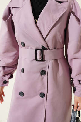 Kuşaklı Balon Kol Uzun Trençkot Lila - Thumbnail
